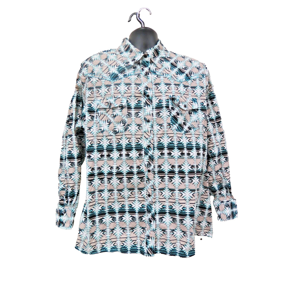 Western Womens Cowgirl Hardware Shirt Black Snap Long Sleeve Floral Blue Tan XXL